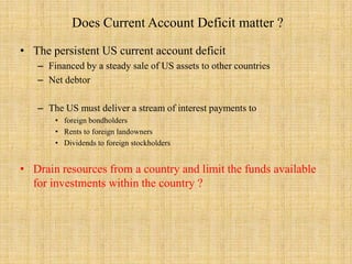 Does Current Account Deficit matter ? The persistent US current account deficitFinanced by a steady sale of US assets to other countriesNet debtorThe US must deliver a stream of interest payments to foreign bondholdersRents to foreign landownersDividends to foreign stockholdersDrain resources from a country and limit the funds available for investments within the country ?
