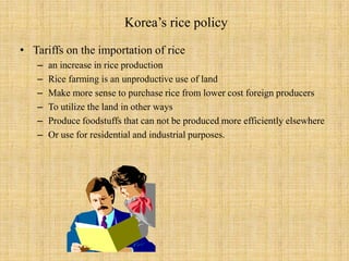 Korea’s rice policyTariffs on the importation of ricean increase in rice production Rice farming is an unproductive use of landMake more sense to purchase rice from lower cost foreign producersTo utilize the land in other waysProduce foodstuffs that can not be produced more efficiently elsewhereOr use for residential and industrial purposes. 