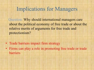 The Future of the WTO: Unresolved Issues and the Doha RoundThe WTO is currently focusing on  1. Anti-dumping policiesThe WTO is encouraging members to strengthen the regulations governing the imposition of antidumping duties2. Protectionism in agricultureThe WTO is concerned with the high level of tariffs and subsidies in the agricultural sector of many economies3. Protecting intellectual propertyMembers believe that the protection of intellectual property rights is essential to the international trading systemTRIPS obliges WTO members to grant and enforce patents lasting at least 20 years copyrights lasting 50 years