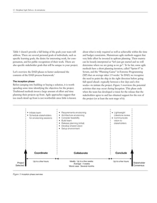 12 Disciplined Agile Delivery: An introduction




Table 1 doesn’t provide a full listing of the goals your team will         about what is truly required as well as achievable within the time
address. There are several personal goals of individuals, such as          and budget constraints. Mainstream agile methods suggest that
speciﬁc learning goals, the desire for interesting work, for com-          very little effort be invested in upfront planning. Their mantra
pensation, and for public recognition of their work. There are             can be loosely interpreted as “let’s just get started and we will
also speciﬁc stakeholder goals that will be unique to your project.        determine where we are going as we go”. To be fair, some agile
                                                                           methods have a short planning iteration, called “Sprint 0” in
Let’s overview the DAD phases to better understand the                     Scrum, and the “Planning Game” in Extreme Programming
contents of the DAD process framework.3                                    (XP) that on average takes 3.9 weeks.4 In DAD, we recognize
                                                                           the need to point the ship in the right direction before going
The inception phase                                                        full-speed ahead—typically between a few days and a few
Before jumping into building or buying a solution, it is worth             weeks—to initiate the project. Figure 3 overviews the potential
spending some time identifying the objectives for the project.             activities that may occur during Inception. This phase ends
Traditional methods invest a large amount of effort and time               when the team has developed a vision for the release that the
planning their projects up front. Agile approaches suggest that            stakeholders agree to and has obtained support for the rest of
too much detail up front is not worthwhile since little is known           the project (or at least the next stage of it).




                    • Initiate team              •   Requirements envisioning                           • Lightweight
                    • Schedule stakeholders      •   Architecture envisioning                             milestone review
                      for envisioning sessions   •   Consider feasibility                               • Communicate
                                                 •   Build team                                           vision to
                                                 •   Release planning (initial)                           stakeholders
                                                 •   Develop shared vision
                                                 •   Setup environment




                              Coordinate                          Collaborate                               Conclude


                            Up to a few hours               Ideally: Up to a few weeks                    Up to a few hours
    Project                                                     Average: 4 weeks                                              Stakeholder
   Selected                                                 Worst case: Several months                                        Consensus


Figure 3: Inception phase overview
 