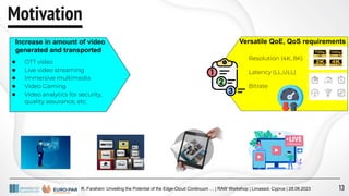 R. Farahani: Unveiling the Potential of the Edge-Cloud Continuum … | RAW Workshop | Limassol, Cyprus | 28.08.2023
Motivation
● OTT video
● Live video streaming
● Immersive multimedia
● Video Gaming
● Video analytics for security,
quality assurance, etc.
Increase in amount of video
generated and transported
Versatile QoE, QoS requirements
Resolution (4K, 8K)
Latency (LL,ULL)
Bitrate
13
 