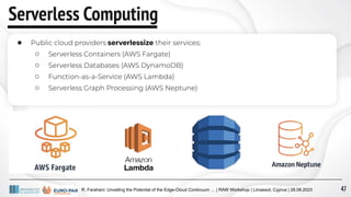 R. Farahani: Unveiling the Potential of the Edge-Cloud Continuum … | RAW Workshop | Limassol, Cyprus | 28.08.2023
Serverless Computing
● Public cloud providers serverlessize their services:
○ Serverless Containers (AWS Fargate)
○ Serverless Databases (AWS DynamoDB)
○ Function-as-a-Service (AWS Lambda)
○ Serverless Graph Processing (AWS Neptune)
47
 