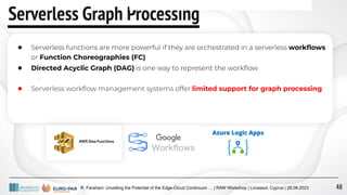 R. Farahani: Unveiling the Potential of the Edge-Cloud Continuum … | RAW Workshop | Limassol, Cyprus | 28.08.2023
Serverless Graph Processing
● Serverless functions are more powerful if they are orchestrated in a serverless workﬂows
or Function Choreographies (FC)
● Directed Acyclic Graph (DAG) is one way to represent the workﬂow
○
● Serverless workﬂow management systems offer limited support for graph processing
48
 