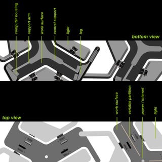 computer housing   support arm work surface central support light leg work surface variable partition power / internet light bottom view top view 