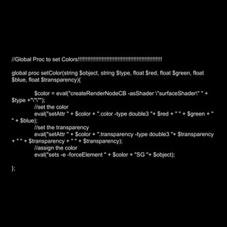 //Global Proc to set Colors!!!!!!!!!!!!!!!!!!!!!!!!!!!!!!!!!!!!!!!!!!!!!!!!!!!!! global proc setColor(string $object, string $type, float $red, float $green, float $blue, float $transparency){ $color = eval("createRenderNodeCB -asShader \"surfaceShader\" " + $type +"\"\""); //set the color eval("setAttr " + $color + ".color -type double3 "+ $red + " " + $green + " " + $blue); //set the transparency eval("setAttr " + $color + ".transparency -type double3 "+ $transparency + " " + $transparency + " " + $transparency); //assign the color eval("sets -e -forceElement " + $color + "SG "+ $object); }; 