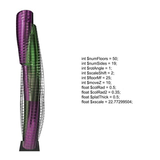 int $numFloors = 50; int $numSides = 19; int $rotAngle = 1; int $scaleShift = 2; int $floorMf = 25; int $moveZ = 10; float $colRad = 0.5; float $colRad2 = 0.35; float $platThick = 0.5; float $xscale = 22.77299504; 