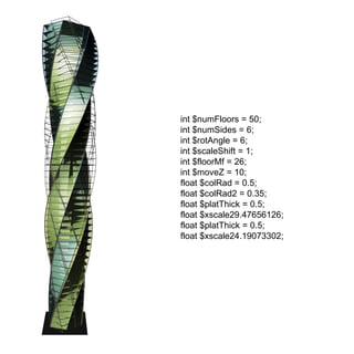 int $numFloors = 50; int $numSides = 6; int $rotAngle = 6; int $scaleShift = 1; int $floorMf = 26; int $moveZ = 10; float $colRad = 0.5; float $colRad2 = 0.35; float $platThick = 0.5; float $xscale29.47656126; float $platThick = 0.5; float $xscale24.19073302; 