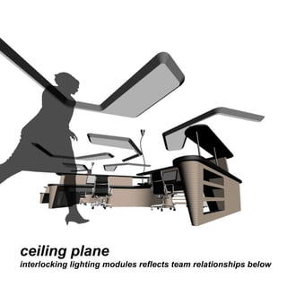 ceiling plane interlocking lighting modules reflects team relationships below 