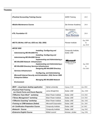 TRAINING:
•Practical Accounting Training Course SARH Training 2015
•Mobile Maintenance Course Dar Amman Academy 2014
•ITIL Foundation V3
New Horizons
2014
•MCTS (VB.Net, ASP.net, ADO.net, SQL 2005) Pioneer Institute
Sep 2009
To
Jan 2010
•MCSE 2000
o Installing, Configuring and
Administering MS Win2000 Pro
o Installing, Configuring and
Administering MS Win2000 Server
o Implementing and Administering a
MS Win2000 Network Infrastructure
o Implementing and Administering a
MS Win2000 Directory Services Infrastructure
o Designing MS Win2000 Directory
Services Infrastructure
o Configuring, and Administering
Microsoft Internet Security and Acceleration (ISA) Server 2000
Enterprise Edition
o Managing MS Win2000 Network
Environment
Compucity Institute,
Dubai, UAE
Sep 2002
to
Feb 2003
•MCP – visual basic desktop application Ajman university Ajman, UAE Jan 2001
•Practical Field Training
(on Oracle Forms and Oracle Reports)
Juma Almajid Est. Dubai, UAE May 2000
•"Effective Team Work" workshop Brain Power Institute Dubai, UAE Feb 2002
•"Stress Management” workshop Brain Power Institute Dubai, UAE Feb 2002
•“Effective Coaching” workshop Brain Power Institute Dubai, UAE Mar 2002
•Training on CRM database (Seibel) Microsoft Corporation Dubai, UAE Dec 2001
•A+ Certification Preparation Course Compucity Institute Dubai, UAE Jul 2002
•Network+ Course Compucity Institute Dubai, UAE Aug 2002
•Extensive English Course British council Amman, Jordan Aug 1996
 