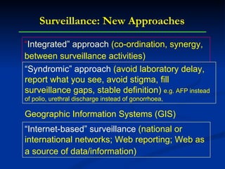 Surveillance: New Approaches   “ Integrated” approach  (co-ordination, synergy, between surveillance activities)   “ Syndromic” approach  (avoid laboratory delay, report what you see, avoid stigma, fill surveillance gaps, stable definition)  e.g. AFP instead of polio, urethral discharge instead of gonorrhoea,  “ Internet-based” surveillance  (national or international networks; Web reporting; Web as a source of data/information)   Geographic Information Systems (GIS) 