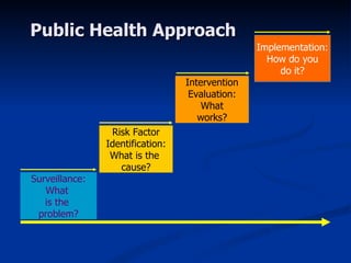 Public Health Approach Problem Response Intervention Evaluation: What works? Implementation: How do you do it? Surveillance: What  is the  problem? Risk Factor Identification: What is the  cause? 