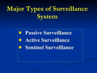 Major Types of Surveillance System Passive Surveillance Active Surveillance Sentinel Surveillance 