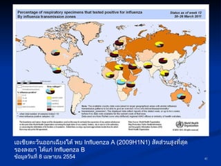 เอเชียตะวันออกเฉียงใต้ พบ  Influenza A (2009H1N1)  สัดส่วนสูงที่สุด  รองลงมา ได้แก่  Influenza B ข้อมูลวันที่  8  เมษายน   2554 