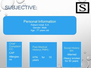 SUBJECTIVE:
17
Personal Information
Patient Initial: S.A
Gender: Male
Age : 77 years old
Social History
SH:
-Married
-Heavy smoker
for 50 years
Past Medical
History( PMH) :
HTN for 10
years
Chief
Complaint
CC:
CAP
Allergies :
no
 