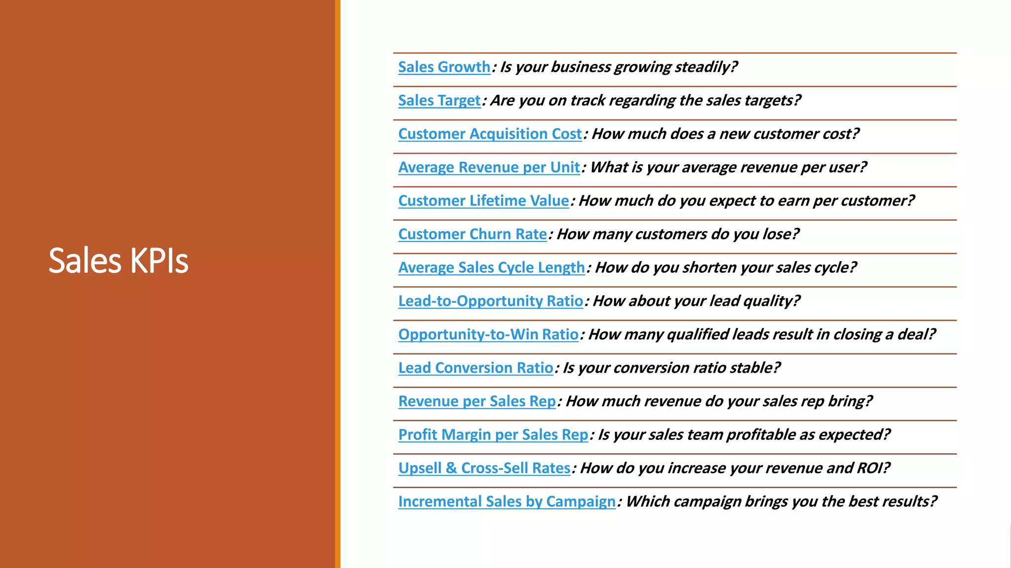 Sales KPIs
Sales Growth: Is your business growing steadily?
Sales Target: Are you on track regarding the sales targets?
Customer Acquisition Cost: How much does a new customer cost?
Average Revenue per Unit: What is your average revenue per user?
Customer Lifetime Value: How much do you expect to earn per customer?
Customer Churn Rate: How many customers do you lose?
Average Sales Cycle Length: How do you shorten your sales cycle?
Lead-to-Opportunity Ratio: How about your lead quality?
Opportunity-to-Win Ratio: How many qualified leads result in closing a deal?
Lead Conversion Ratio: Is your conversion ratio stable?
Revenue per Sales Rep: How much revenue do your sales rep bring?
Profit Margin per Sales Rep: Is your sales team profitable as expected?
Upsell & Cross-Sell Rates: How do you increase your revenue and ROI?
Incremental Sales by Campaign: Which campaign brings you the best results?
 
