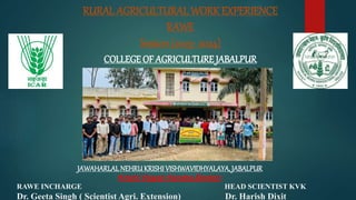 RURAL AGRICULTURAL WORK EXPERIENCE
RAWE
Session (2023- 2024)
COLLEGE OF AGRICULTURE JABALPUR
JAWAHARLAL NEHRUKRISHI VISHWAVIDHYALAYA, JABALPUR
Krishi Vigyan Kendra,Dindori
RAWE INCHARGE HEAD SCIENTIST KVK
Dr. Geeta Singh ( Scientist Agri. Extension) Dr. Harish Dixit
 