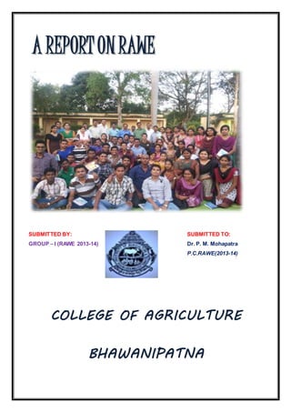 SUBMITTED BY: SUBMITTED TO:
GROUP – I (RAWE 2013-14) Dr. P. M. Mohapatra
P.C.RAWE(2013-14)
COLLEGE OF AGRICULTURE
BHAWANIPATNA
AA RREEPPOORRTT OONN RRAAWWEE
 