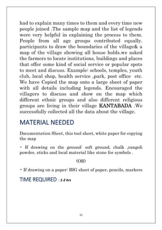 11
had to explain many times to them and every time new
people joined .The sample map and the list of legends
were very helpful in explaining the process to them.
People from all age groups contributed equally.
participants to draw the boundaries of the village& a
map of the village showing all house holds.we asked
the farmers to locate institutions, buildings and places
that offer some kind of social service or popular spots
to meet and discuss. Example: schools, temples, youth
club, local shop, health service ,park, post office etc.
We have Copied the map onto a large sheet of paper
with all details including legends. Encouraged the
villagers to discuss and show on the map which
different ethnic groups and also different religious
groups are living in their village KANTABADA .We
successfully collected all the data about the village.
MATERIAL NEEDED
Documentation Sheet, this tool sheet, white paper for copying
the map
• If drawing on the ground: soft ground, chalk ,rangoli
powder, sticks and local material like stone for symbols .
(OR)
• If drawing on a paper: BIG sheet of paper, pencils, markers
TIME REQUIRED : 1-2 hrs
 