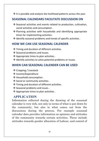 20
❖ It is possible and analysis the livelihood patterns across the year.
SEASONAL CALENDARS FACILITATE DISCUSSION ON
❖ Seasonal activities and events related to production, cultivation,
social activities and consumption .
❖ Planning activities with households and identifying appropriate
times for implementing activities .
❖ Identify seasonal problems and trends of specific activities .
HOW WE CAN USE SEASONAL CALENDER
❖ Timing and duration of different activities.
❖ Seasonal problems and issues.
❖ Appropriate times to plan activities .
❖ Identify activities to solve potential problems or issues.
WHEN CAN SEASONAL CALENDER CAN BE USED
❖ Cropping / Livestock
❖ Income/Expenditure
❖ Household consumption .
❖ Social or community activities .
❖ Timing and duration of different activities .
❖ Seasonal problems and issues .
❖ Appropriate times to plan activities .
APPLICATION
Information collected during the drawing of the seasonal
calendar is very rich, not only in terms of what is put down by
the community, but also in what comes out from the
discussions during the process. For example seasonal
calendar data provides information on opinions and attitudes
of the community towards certain activities. These include
attitudes towards gender allocation of Labour, and control of
 
