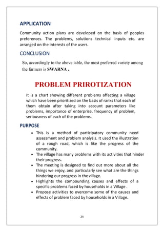 24
APPLICATION
Community action plans are developed on the basis of peoples
preferences. The problems, solutions technical inputs etc. are
arranged on the interests of the users.
CONCLUSION
So, accordingly to the above table, the most preferred variety among
the farmers is SWARNA .
PROBLEM PRIROTIZATION
It is a chart showing different problems affecting a village
which have been prioritized on the basis of ranks that each of
them obtain after taking into account parameters like
problems, importance of enterprise, frequency of problem,
seriousness of each of the problems.
PURPOSE
• This is a method of participatory community need
assessment and problem analysis. It used the illustration
of a rough road, which is like the progress of the
community.
• The village has many problems with its activities that hinder
their progress.
• The meeting is designed to find out more about all the
things we enjoy, and particularly see what are the things
hindering our progress in thevillage.
• Highlights the compounding causes and effects of a
specific problems faced by households in a Village .
• Propose activities to overcome some of the causes and
effects of problem faced by households in a Village.
 