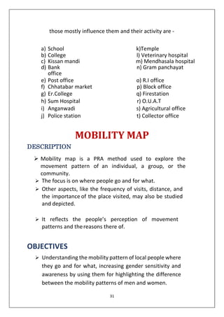 31
those mostly influence them and their activity are -
a) School k)Temple
b) College l) Veterinary hospital
c) Kissan mandi m) Mendhasala hospital
d) Bank n) Gram panchayat
office
e) Post office o) R.I office
f) Chhatabar market p) Block office
g) Er.College q) Firestation
h) Sum Hospital r) O.U.A.T
i) Anganwadi s) Agricultural office
j) Police station t) Collector office
MOBILITY MAP
DESCRIPTION
➢ Mobility map is a PRA method used to explore the
movement pattern of an individual, a group, or the
community.
➢ The focus is on where people go and for what.
➢ Other aspects, like the frequency of visits, distance, and
the importance of the place visited, may also be studied
and depicted.
➢ It reflects the people’s perception of movement
patterns and thereasons there of.
OBJECTIVES
➢ Understanding the mobility pattern of local people where
they go and for what, increasing gender sensitivity and
awareness by using them for highlighting the difference
between the mobility patterns of men and women.
 