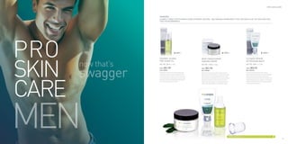 Pro skin care



                  SHAVING
                  A simple three-step regimen using superior, natural, and organic ingredients that are gentle on the skin and safe
                  for the environment.




                                                    STEP 1                                                                STEP 2                                                          STEP 3


                  Organic Jojoba                                            Deep Conditioning                                                          Ultimate Repair


     now that’s
                  Pre-shave Oil                                             Shaving Crème                                                              Aftershave Balm
                  NET WT. 30ml. ℮ 1oz.                                      NET WT. 120ml. ℮ 4oz.                                                      NET WT. 50ml. ℮ 1.7oz.




     swagger
                  Price :   $41.95                                          Price :   $41.95                                                           Price :   $52.95
                  SKU: PSMSH01                                              SKU: PSMSH02                                                               SKU: PSMSH03
                  Prepare your beard for the smoothest shave ever!          Make precision shaving easy when trying to maintain                        Cools and calms skin inflammation, reduces
                  Formulated to soften facial hair and reduce friction      sideburns and other facial hair for an ultra close, smooth                 redness, and eliminates razor burn often associated
                  while shaving, thus, minimize razor burn, and make        shave. Organic yucca extract penetrates the hair shaft                     with shaving. Natural antiseptic clary sage and
                  shaving easy. Organic jojoba, grape seed and rosehip      with moisturizers that condition your skin and your beard.                 anti-bacterial pomegranate extract encourage skin’s
                  oils deliver vital nutrition while providing protection   Mushroom and German chamomile extracts reduce                              natural healing process and protects it from external
                  for even the most sensitive skin types.                   inflammation, while organic arnica hydrates to provide                     irritants. This ultra sheer formula is also suitable as
                                                                            superior skin conditioning and comfort while shaving.                      an effective light moisturizer.




                                                                                                                                  See page 22 for “skin care to match your skin type”.
18                                                                                                                                                                                                                 19
 