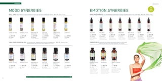 aromaspa
                                                                                                                                                                                                                                                                                                                                                                                                   aromaspa


                                                                                                                                                                                                                                                                                                                                                                                           BODY

     MOOD SYNERGIES                                                                                                                                                       EMOTION SYNERGIES
                                                                                                                                                                                                                                                                                                                                                                                           ROOM
                                                                                                                                                                                                                                                                                                                                                                                          LINENS

     Roll-ons           Apply directly onto skin with a focus on the body’s pressure points.                                   NET WT. 10ml. ℮ .3oz.                      Available in Mists                                 USE TO FRAGRANCE YOUR HOME & LINENS, OR SPRITZ DIRECTLY ALL OVER BODY                                                             NET WT. 120ml. ℮ 4oz.




     Count to Ten             Sensual Play                Walking on                        Fast on                           Party Haze               Serenity           Alchemy                              Balance                             Felicity                             Freedom                    Wellness                       Peace                         Vitality
                                                          Sunshine                          the Draw                          Rescue
                                                                                                                                                                          Price :   $14.85                     Price :   $14.85                    Price :   $14.85                     Price :   $14.85           Price :   $14.85               Price :   $14.85              Price :   $14.85
     Price :   $13.95         Price :    $13.95           Price :   $13.95                  Price :   $13.95                  Price :   $13.95         Price :   $13.95   SKU: ASEMMIAL                        SKU : ASEMMIBA                      SKU : ASEMMIFE                       SKU : ASEMMIFR             SKU : ASEMMIWL                 SKU : ASEMMIPE                SKU : ASEMMIVI
     SKU : ASMDRCT            SKU : ASMDRSP               SKU : ASMDRWS                     SKU : ASMDRFD                     SKU : ASMDRPH            SKU : ASMDRSE      Enhances meditative                  Calming, comforting &               Creates a warm &                     Strengthens the spirit.    Cleansing and stimulating.     Relaxing and centering.       Energizing and inspiring.
     Stress relief.           Sensual.                    For a fresh, uplifting feeling.   Mental clarity &                  Hangover relief.         Calming.           relaxation. Stabilizes and           uplifting. Harmonious               welcoming environment.               Spicy sweet aroma with a   Penetrating, clearing aroma.   Clears and balances the       Increases confidence and
                                                                                            concentration.                                                                relieves stress.                     properties. Reduces stress.         Ideal for a demanding day.           voluptuous composition.    Strengthens immunity.          mind after a stressful day.   mental focus.



     100% PURE ESSENTIAL OIL                      For use in an oil warmer, bath, or for a therapeutic                                  NET WT. 10ml. ℮ .3oz.             CARRIER OILS                         POUR INTO BATH WATER OR MASSAGE DIRECTLY ONTO SKIN.                                                 NET WT. 100ml. ℮ 3.4oz.
     				                                         massage when diluted with our Carrier Oils (p.29)                                                                       		                                   MAY BE USED WITH OUR PURE ESSENTIAL OIL BLENDS




     Count to Ten             Sensual Play                Walking on                        Fast on                           Party Haze               Serenity           Organic Hemp                             Jojoba Oil                                Sweet Almond
                                                          Sunshine                          the Draw                          Rescue                                      Seed Oil                                                                           Oil
     Price :   $17.95         Price :   $19.95            Price :   $13.95                  Price :   $8.95                   Price :   $15.95         Price :   $14.95   Price :   $13.95                         Price :   $21.95                          Price :   $9.95
     SKU : ASMDPCT            SKU : ASMDPSP               SKU : ASMDPWS                     SKU : ASMDPFD                     SKU : ASMDPPH            SKU : ASMDPSE      SKU : ASCOHS                             SKU : ASCOJO                              SKU : ASCOALD
     Stress relief.           Sensual.                    For a fesh, uplifting feeling.    Mental clarity & concentration.   Hangover relief.         Calming.           Hemp so closely mimics our               Jojoba oil contains anti-fungal,          As a dry skin treatment, almond oil
                                                                                                                                                                          own skin’s lipids, that it is able       antibacterial, anti-inflammatory,         relieves itchiness, soreness, rashes,
                                                                                                                                                                          to penetrate inside our cells            anti-oxidant and anti-bacterial           dryness, irritation and burns. 
                                                                                                                                                                          and lubricate the surface                properties, and it is very easily         Ideal for pregnant bellies and for
                                                                                                                                                                          between them. Proven to play a           absorbed by the skin. It also helps       preventing and healing scars.
                                                                                                                                                                          preventative role in skin aging.         to prevent hair loss and acne.




                                                  See page 60 to chose an oil warmer perfect for your favourite Pure Essential Oil Blends
28                                                                                                                                                                                                                                                                                                                                                                                                            29
 