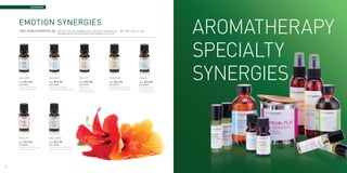 aromaspa
                                                                                                                                                                                       aromaspa




     EMOTION SYNERGIES
     100% PURE ESSENTIAL OIL                            For use in an oil warmer, bath, or for a therapeutic                       NET WT. 10ml. ℮ .3oz.
     				                                               massage when diluted with our Carrier Oils (p.29)




     Alchemy                               Balance                                   Felicity                     Freedom                                Peace
     Price :   $13.95                      Price :   $13.95                          Price :   $13.95             Price :   $13.95                       Price :   $13.95
     SKU : ASEMPAL                         SKU : ASEMPBA                             SKU : ASEMPFE                SKU : ASEMPFR                          SKU : ASEMPPE
     Enhances meditative relaxation.       Calming, comforting & uplifting.          Creates a warm &             Strengthens the spirit. Spicy sweet    Relaxing and centering.
     Stabilizes and relieves stress.       Harmonious properties. Reduces stress.    welcoming environment.       aroma with a voluptuous composition.   Clears and balances the
                                                                                     Ideal for a demanding day.                                          mind after a stressful day.




     Vitality                              Wellness
     Price :   $13.95                      Price :   $13.95
     SKU : ASEMPVI                         SKU : ASEMPWL
     Energizing and inspiring. Increases   Cleansing and stimulating. Penetrating,
     confidence and mental focus.          clearing aroma. Strengthens immunity.




30                                                                                                                                                                                                31
 