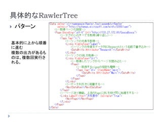 具体的なRawlerTree
 パターン
基本的に上から順番
に進む
複数の出力があるも
のは、複数回実行さ
れる。
 