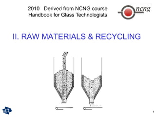 1
II. RAW MATERIALS & RECYCLING
2010 Derived from NCNG course
Handbook for Glass Technologists
 