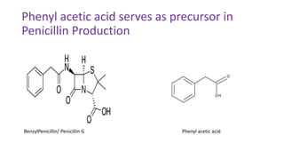 Phenyl acetic acid serves as precursor in
Penicillin Production
BenzylPenicillin/ Penicillin G Phenyl acetic acid
 