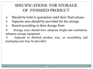 SPECIFICATIONS FOR STORAGE
          OF FINISHED PRODUCT
   Should be held in quarantine until their final release
   Separate area should be provided for the storage
   Stored according to their dosage form
    Storage areas should have adequate height and ventilation,
adequate storage equipment .
     Adjacent to finished product area, an assembling and
packaging area may be provided.




                              35
 