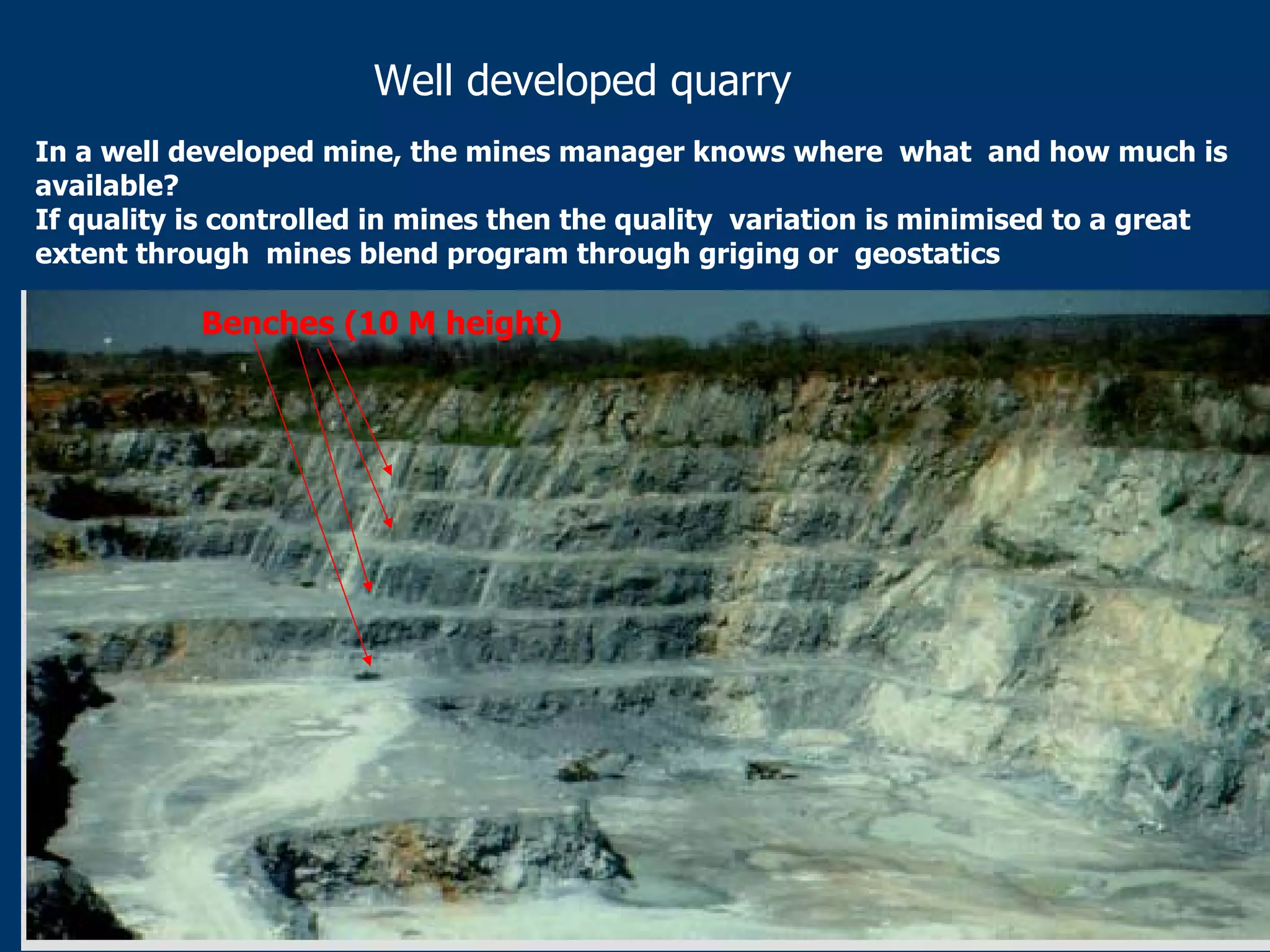 Well developed quarry
In a well developed mine, the mines manager knows where what and how much is
available?
If quality is controlled in mines then the quality variation is minimised to a great
extent through mines blend program through griging or geostatics
Benches (10 M height)
 