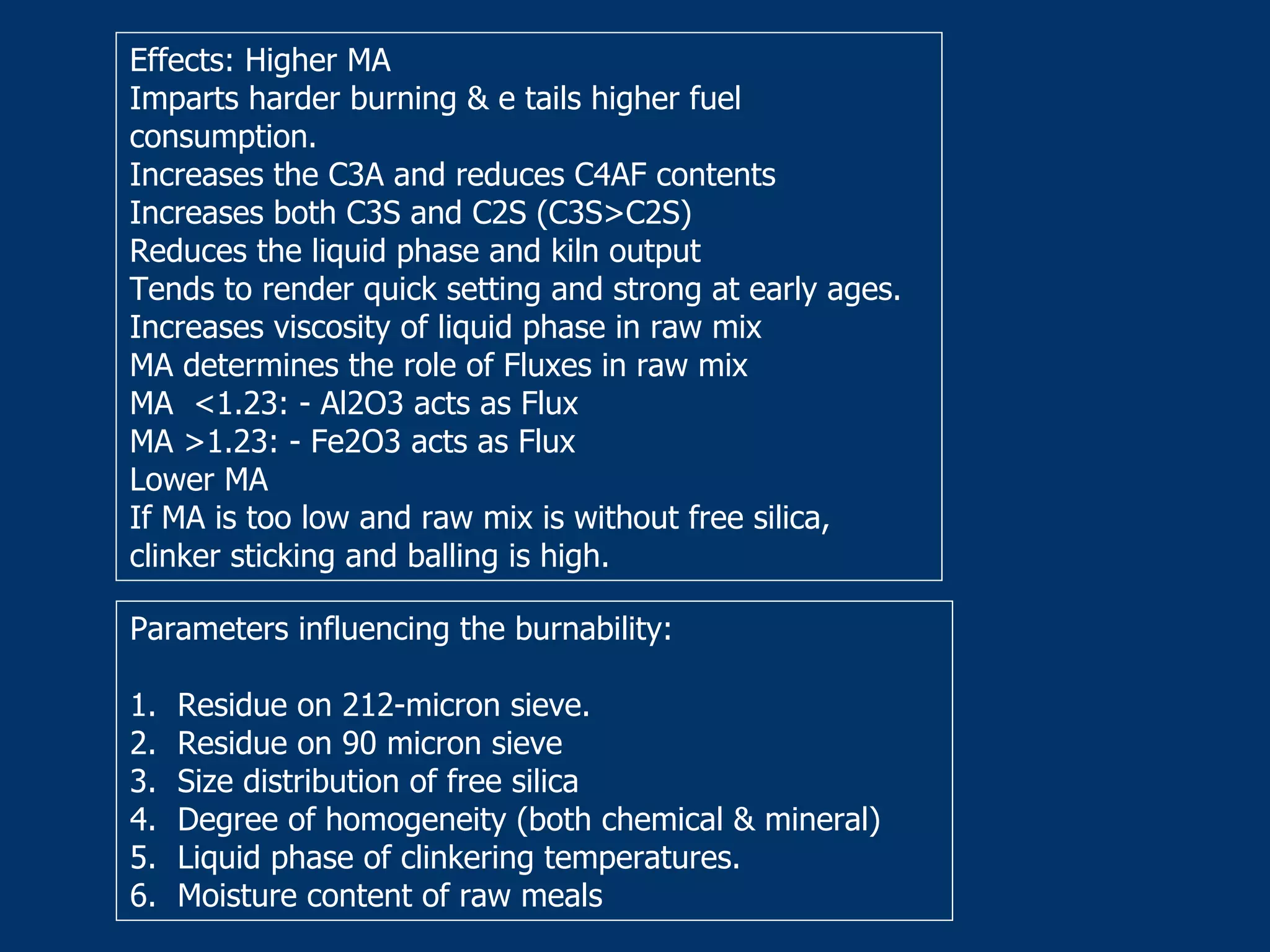 Parameters influencing the burnability:
1. Residue on 212-micron sieve.
2. Residue on 90 micron sieve
3. Size distribution of free silica
4. Degree of homogeneity (both chemical & mineral)
5. Liquid phase of clinkering temperatures.
6. Moisture content of raw meals
Effects: Higher MA
Imparts harder burning & e tails higher fuel
consumption.
Increases the C3A and reduces C4AF contents
Increases both C3S and C2S (C3S>C2S)
Reduces the liquid phase and kiln output
Tends to render quick setting and strong at early ages.
Increases viscosity of liquid phase in raw mix
MA determines the role of Fluxes in raw mix
MA <1.23: - Al2O3 acts as Flux
MA >1.23: - Fe2O3 acts as Flux
Lower MA
If MA is too low and raw mix is without free silica,
clinker sticking and balling is high.
 