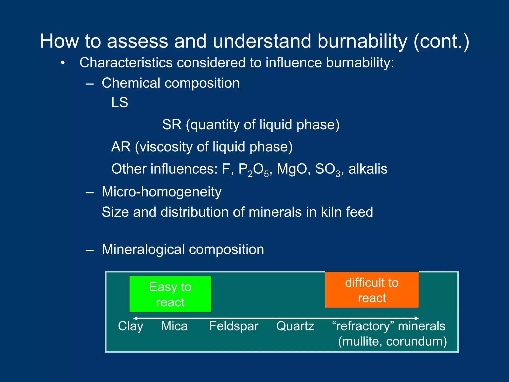 How to assess and understand burnability (cont.)
• Characteristics considered to influence burnability:
– Chemical composition
LS
SR (quantity of liquid phase)
AR (viscosity of liquid phase)
Other influences: F, P2O5, MgO, SO3, alkalis
– Micro-homogeneity
Size and distribution of minerals in kiln feed
– Mineralogical composition
Clay Mica Feldspar Quartz “refractory” minerals
(mullite, corundum)
Easy to
react
difficult to
react
 