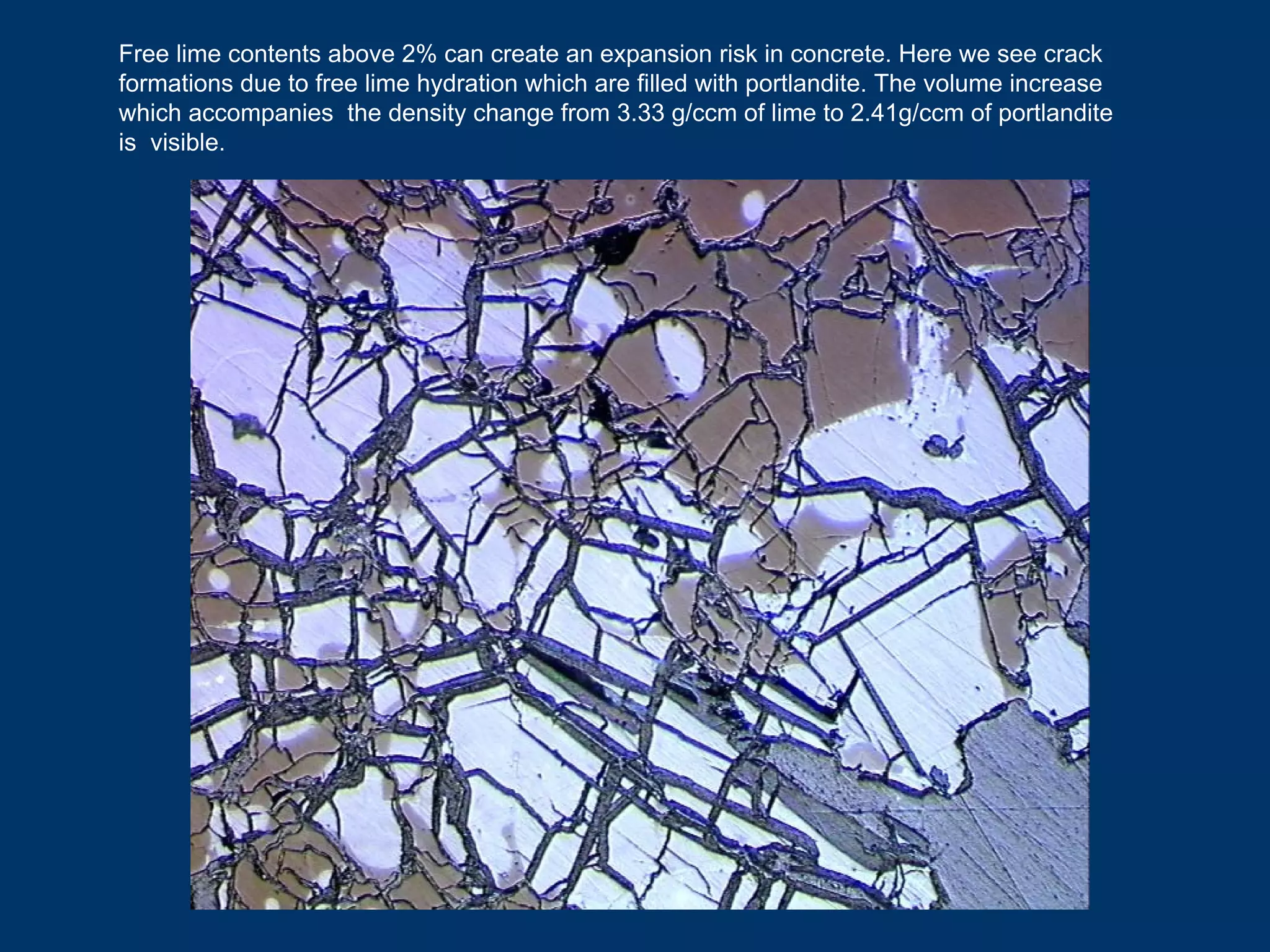 Free lime contents above 2% can create an expansion risk in concrete. Here we see crack
formations due to free lime hydration which are filled with portlandite. The volume increase
which accompanies the density change from 3.33 g/ccm of lime to 2.41g/ccm of portlandite
is visible.
 