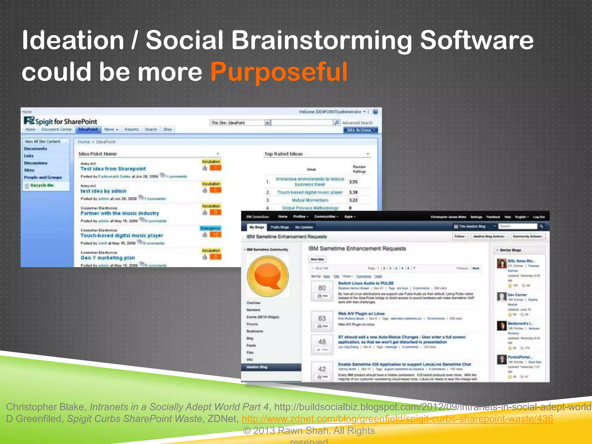Ideation / Social Brainstorming Software
   could be more Purposeful




Christopher Blake, Intranets in a Socially Adept World Part 4, http://buildsocialbiz.blogspot.com/2012/09/intranets-in-social-adept-world-
D Greenfiled, Spigit Curbs SharePoint Waste, ZDNet, http://www.zdnet.com/blog/greenfield/spigit-curbs-sharepoint-waste/436
                                                       © 2013 Rawn Shah. All Rights
 
