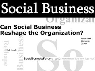 Organizat
Can Social Business
Reshape the Organization?
                   Business
                                           	
  
                                           Rawn	
  Shah	
  	
  
                                           Strategist	
  
Reshape




                                           @rawn	
  


  • Click	
  to	
  add	
  text	
  




                                              © 2012 Rawn Shah
 