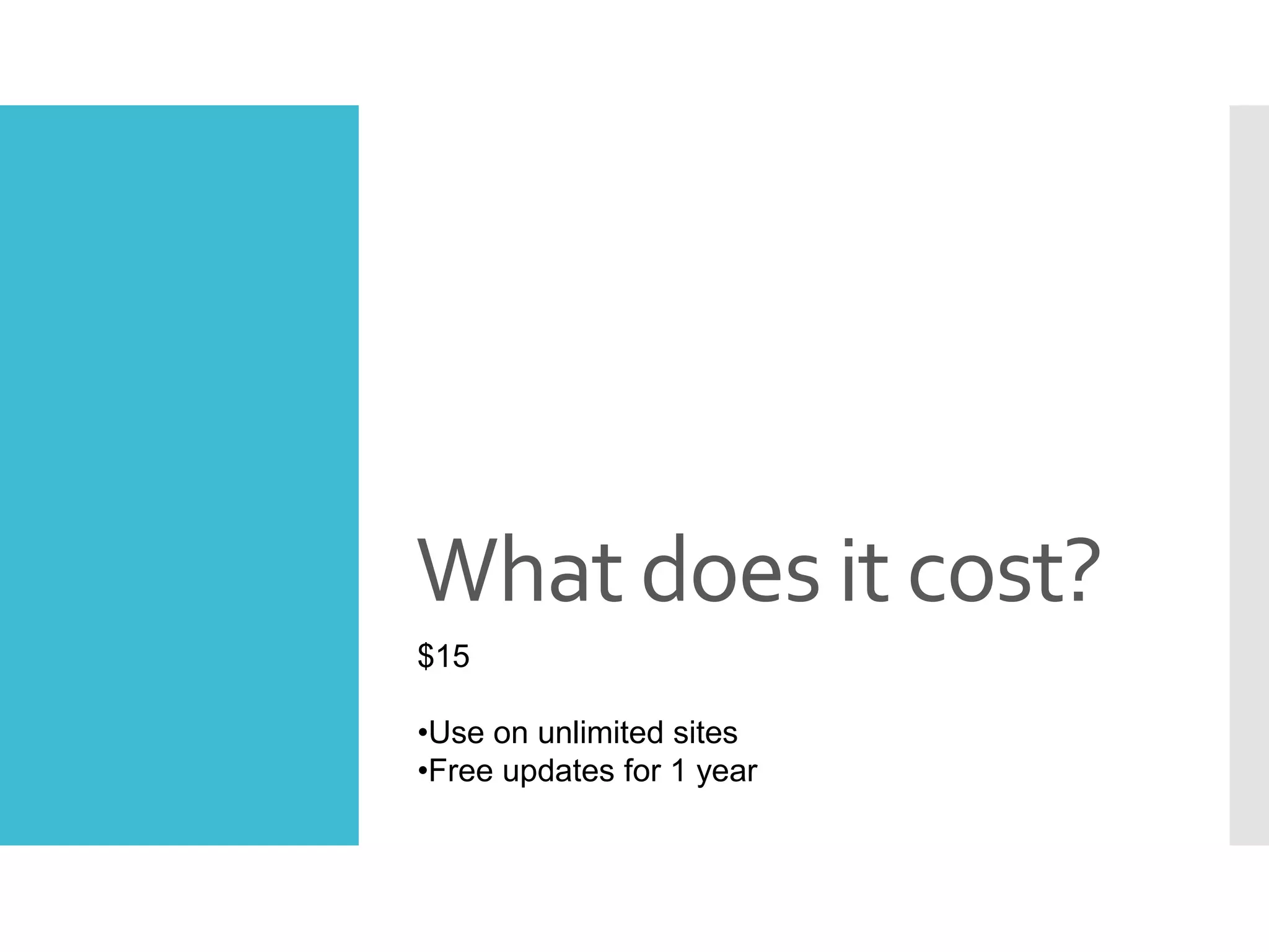 What does it cost?
$15
•Use on unlimited sites
•Free updates for 1 year
 