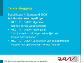 Tervisielegging
     Beschikbaar in Standaard 2005
     Administratieve bepalingen
     • 01.01.10 OMOP: algemeen
       het hoe-en-wat wordt geregeld
     • 01.01.11 OMOP: inschrijving
       ‘link’ tussen inschrijvingsstaat en lijst met
       fictieve hoeveelheden
     • 01.01.12 OMOP: verstrekken van deelopdrachten
       verschil met opdracht van ‘normaal’ bestek




RAW Raam- en Servicebestekken: overeenkomsten met open posten   15
 