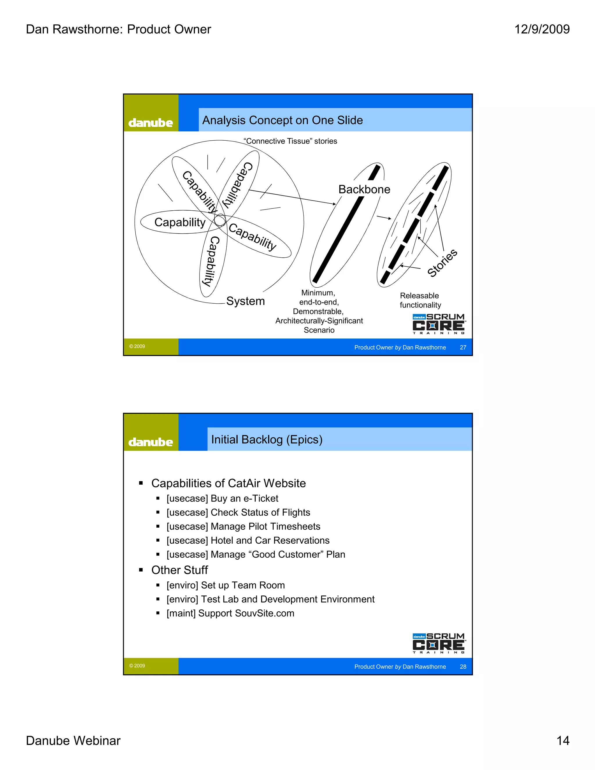Dan Rawsthorne: Product Owner                                                                                         12/9/2009




                                   Analysis Concept on One Slide
                                              “Connective Tissue” stories




                                                                            Backbone

                          Capability




                                                              Minimum,                        Releasable
                                           System             end-to-end,                     functionality
                                                            Demonstrable,
                                                       Architecturally-Significant
                                                               Scenario
                 © 2009                                                        Product Owner by Dan Rawsthorne   27




                                        Initial Backlog (Epics)


                          Capabilities of CatAir Website
                            [usecase] Buy an e-Ticket
                            [usecase] Check Status of Flights
                            [usecase] Manage Pilot Timesheets
                            [usecase] Hotel and Car Reservations
                            [usecase] Manage “Good Customer” Plan
                          Other Stuff
                            [enviro] Set up Team Room
                            [enviro] Test Lab and Development Environment
                            [maint] Support SouvSite.com




                 © 2009                                                        Product Owner by Dan Rawsthorne   28




Danube Webinar                                                                                                              14
 