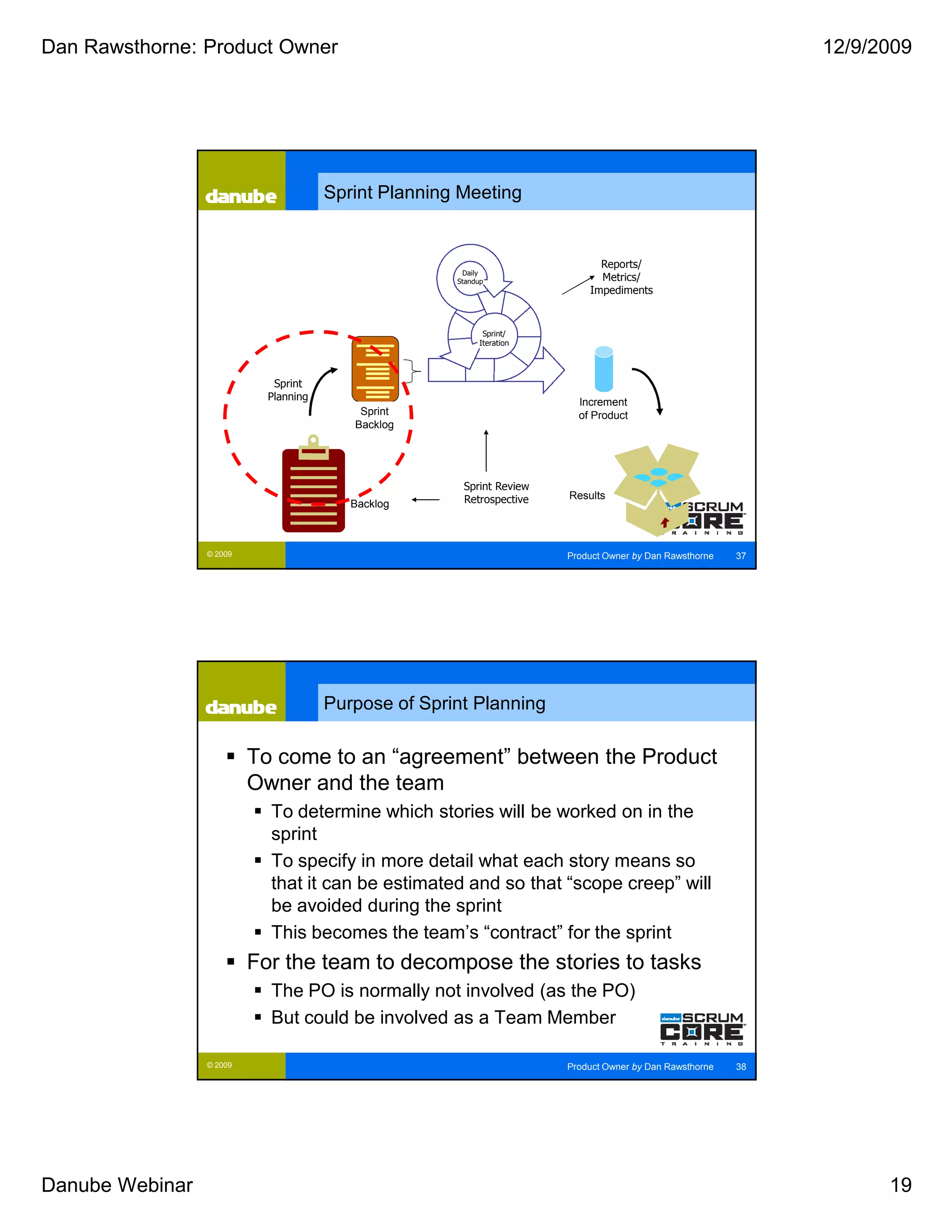 Dan Rawsthorne: Product Owner                                                                                 12/9/2009




                                       Sprint Planning Meeting


                                                                             Reports/
                                                       Daily
                                                      Standup                Metrics/
                                                                           Impediments


                                                            Sprint/
                                                           Iteration




                             Sprint
                            Planning
                                                                         Increment
                                           Sprint                        of Product
                                          Backlog




                                                       Sprint Review
                                                       Retrospective   Results
                                          Backlog



                 © 2009                                                Product Owner by Dan Rawsthorne   37




                                       Purpose of Sprint Planning

                          To come to an “agreement” between the Product
                          Owner and the team
                            To determine which stories will be worked on in the
                            sprint
                            To specify in more detail what each story means so
                            that it can be estimated and so that “scope creep” will
                            be avoided during the sprint
                            This becomes the team’s “contract” for the sprint
                          For the team to decompose the stories to tasks
                            The PO is normally not involved (as the PO)
                            But could be involved as a Team Member

                 © 2009                                                Product Owner by Dan Rawsthorne   38




Danube Webinar                                                                                                      19
 