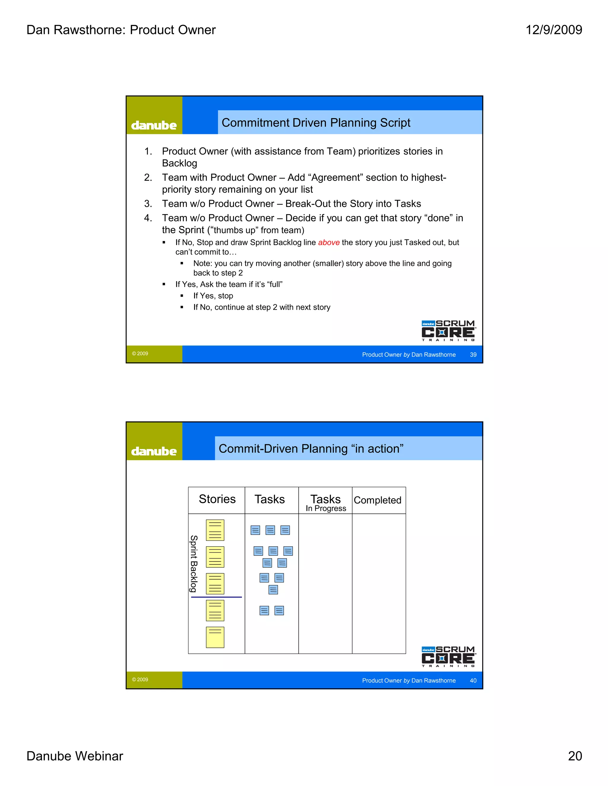 Dan Rawsthorne: Product Owner                                                                                           12/9/2009




                                                   Commitment Driven Planning Script

                     1. Product Owner (with assistance from Team) prioritizes stories in
                        Backlog
                     2. Team with Product Owner – Add “Agreement” section to highest-
                        priority story remaining on your list
                     3. Team w/o Product Owner – Break-Out the Story into Tasks
                     4. Team w/o Product Owner – Decide if you can get that story “done” in
                        the Sprint (“thumbs up” from team)
                           If No, Stop and draw Sprint Backlog line above the story you just Tasked out, but
                           can’t commit to…
                                 Note: you can try moving another (smaller) story above the line and going
                                 back to step 2
                           If Yes, Ask the team if it’s “full”
                                 If Yes, stop
                                 If No, continue at step 2 with next story




                 © 2009                                                          Product Owner by Dan Rawsthorne   39




                                                  Commit-Driven Planning “in action”



                                               Stories   Tasks     Tasks        Completed
                                                                  In Progress
                              Sprint Backlog




                 © 2009                                                          Product Owner by Dan Rawsthorne   40




Danube Webinar                                                                                                                20
 