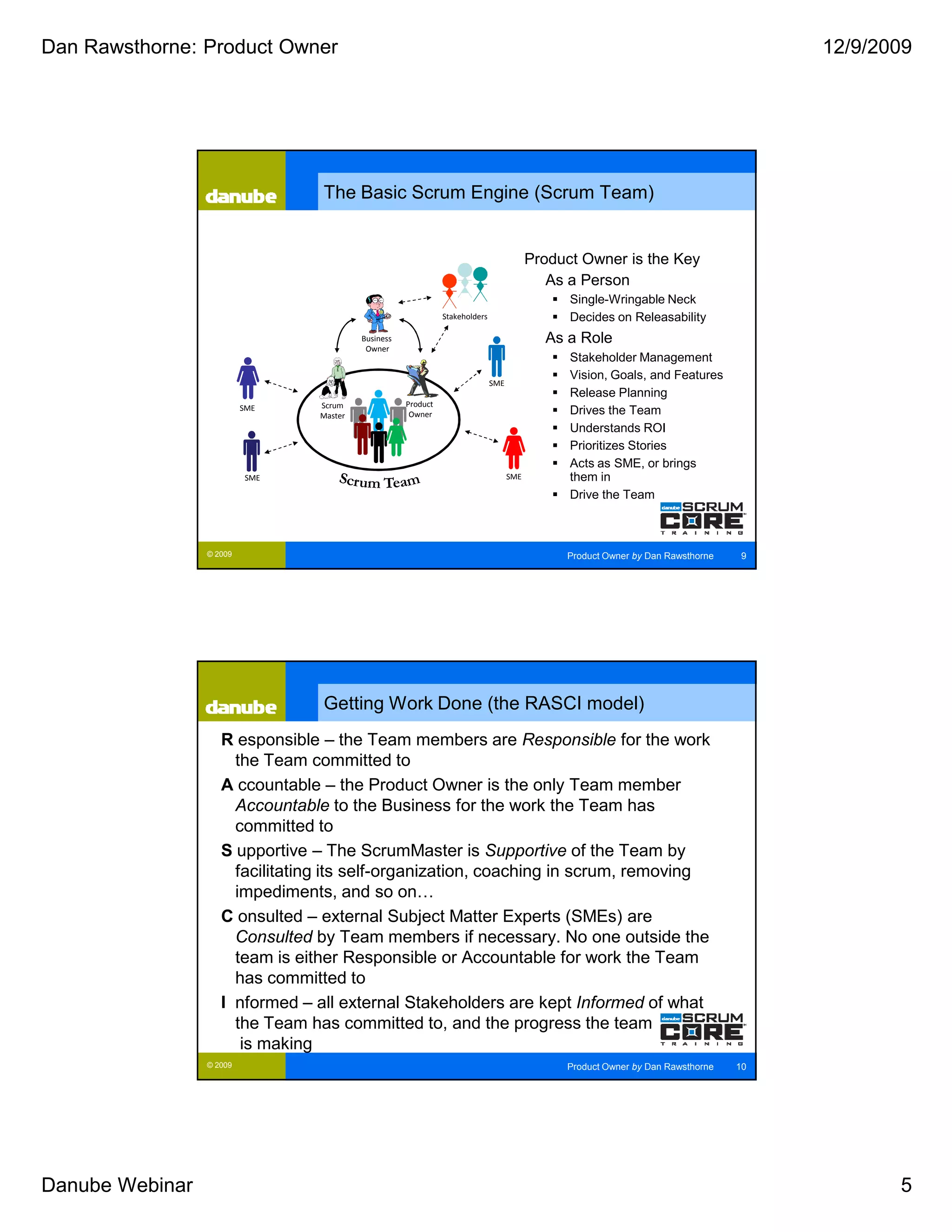 Dan Rawsthorne: Product Owner                                                                                                         12/9/2009




                                 The Basic Scrum Engine (Scrum Team)


                                                                                          Product Owner is the Key
                                                                                             As a Person
                                                                                                Single-Wringable Neck
                                                               Stakeholders                     Decides on Releasability
                                          Business                                          As a Role
                                           Owner
                                                                                                Stakeholder Management
                                                                                                Vision, Goals, and Features
                                                                              SME
                                                                                                Release Planning
                          SME    Scrum               Product
                                 Master               Owner                                     Drives the Team
                                                                                                Understands ROI
                                                                                                Prioritizes Stories
                                                                                                Acts as SME, or brings
                          SME                                                       SME         them in
                                                                                                Drive the Team



                 © 2009                                                                        Product Owner by Dan Rawsthorne    9




                                 Getting Work Done (the RASCI model)
                    R esponsible – the Team members are Responsible for the work
                      the Team committed to
                    A ccountable – the Product Owner is the only Team member
                      Accountable to the Business for the work the Team has
                      committed to
                    S upportive – The ScrumMaster is Supportive of the Team by
                      facilitating its self-organization, coaching in scrum, removing
                      impediments, and so on…
                    C onsulted – external Subject Matter Experts (SMEs) are
                      Consulted by Team members if necessary. No one outside the
                      team is either Responsible or Accountable for work the Team
                      has committed to
                    I nformed – all external Stakeholders are kept Informed of what
                      the Team has committed to, and the progress the team
                       is making
                 © 2009                                                                        Product Owner by Dan Rawsthorne   10




Danube Webinar                                                                                                                               5
 