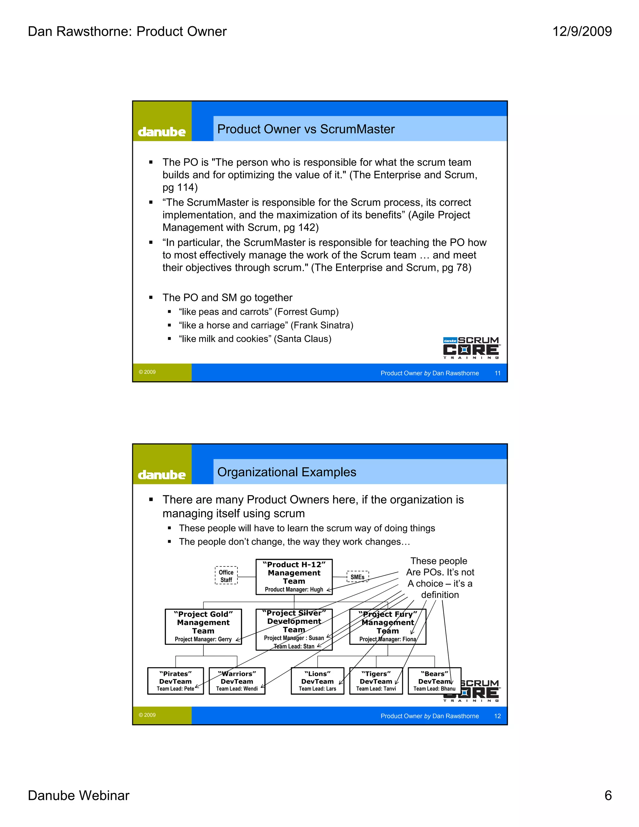Dan Rawsthorne: Product Owner                                                                                                                      12/9/2009




                                                 Product Owner vs ScrumMaster

                            The PO is "The person who is responsible for what the scrum team
                            builds and for optimizing the value of it." (The Enterprise and Scrum,
                            pg 114)
                            “The ScrumMaster is responsible for the Scrum process, its correct
                            implementation, and the maximization of its benefits” (Agile Project
                            Management with Scrum, pg 142)
                            “In particular, the ScrumMaster is responsible for teaching the PO how
                            to most effectively manage the work of the Scrum team … and meet
                            their objectives through scrum." (The Enterprise and Scrum, pg 78)

                            The PO and SM go together
                                  “like peas and carrots” (Forrest Gump)
                                  “like a horse and carriage” (Frank Sinatra)
                                  “like milk and cookies” (Santa Claus)


                 © 2009                                                                                     Product Owner by Dan Rawsthorne   11




                                                 Organizational Examples

                            There are many Product Owners here, if the organization is
                            managing itself using scrum
                                  These people will have to learn the scrum way of doing things
                                  The people don’t change, the way they work changes…

                                                                   “Product H-12”                                      These people
                                                  Office            Management
                                                                                                  SMEs
                                                                                                                      Are POs. It’s not
                                                  Staff                Team                                           A choice – it’s a
                                                                   Product Manager: Hugh
                                                                                                                         definition

                                “Project Gold”                     “Project Silver”                 “Project Fury”
                                 Management                         Development                      Management
                                    Team                                Team                            Team
                                 Project Manager: Gerry            Project Manager : Susan          Project Manager: Fiona
                                                                       Team Lead: Stan



                          “Pirates”              “Warriors”                       “Lions”           “Tigers”                  “Bears”
                          DevTeam                 DevTeam                        DevTeam            DevTeam                  DevTeam
                          Team Lead: Pete       Team Lead: Wendi                Team Lead: Lars    Team Lead: Tanvi     Team Lead: Bhanu



                 © 2009                                                                                     Product Owner by Dan Rawsthorne   12




Danube Webinar                                                                                                                                            6
 