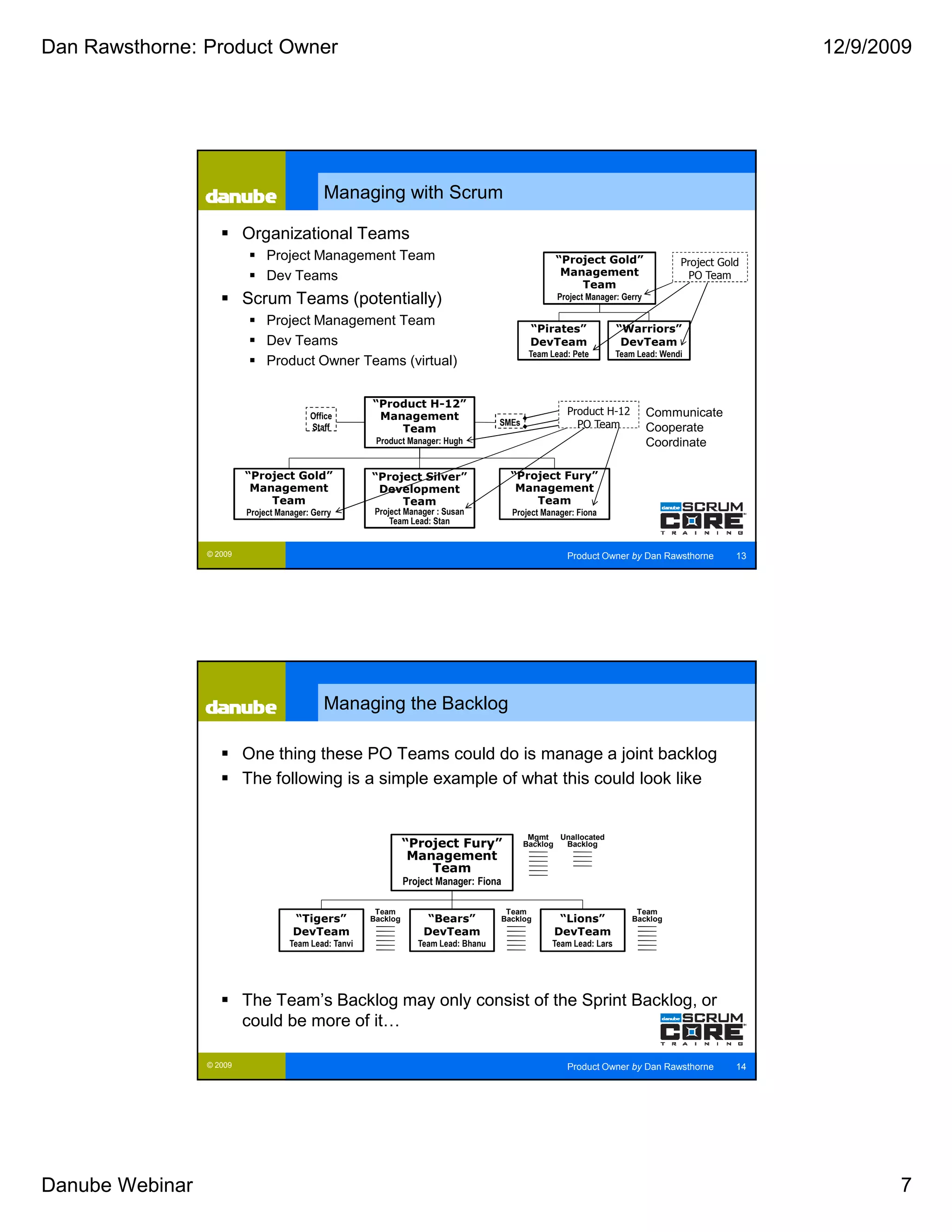 Dan Rawsthorne: Product Owner                                                                                                                         12/9/2009




                                              Managing with Scrum

                          Organizational Teams
                               Project Management Team                                                “Project Gold”                  Project Gold
                               Dev Teams                                                               Management                      PO Team
                                                                                                          Team
                          Scrum Teams (potentially)                                                    Project Manager: Gerry

                               Project Management Team
                                                                                                “Pirates”              “Warriors”
                               Dev Teams                                                        DevTeam                 DevTeam
                                                                                                Team Lead: Pete        Team Lead: Wendi
                               Product Owner Teams (virtual)


                                                        “Product H-12”
                                          Office         Management                                      Product H-12           Communicate
                                                                                        SMEs               PO Team
                                          Staff             Team                                                                Cooperate
                                                         Product Manager: Hugh                                                  Coordinate

                          “Project Gold”                “Project Silver”                   “Project Fury”
                           Management                    Development                        Management
                              Team                           Team                              Team
                          Project Manager: Gerry         Project Manager : Susan           Project Manager: Fiona
                                                             Team Lead: Stan


                 © 2009                                                                                  Product Owner by Dan Rawsthorne         13




                                              Managing the Backlog

                          One thing these PO Teams could do is manage a joint backlog
                          The following is a simple example of what this could look like


                                                                                                Mgmt   Unallocated
                                                                  “Project Fury”               Backlog  Backlog
                                                                   Management
                                                                      Team
                                                                  Project Manager: Fiona

                                                         Team                            Team                              Team
                                      “Tigers”          Backlog        “Bears”          Backlog        “Lions”            Backlog
                                      DevTeam                         DevTeam                         DevTeam
                                     Team Lead: Tanvi                Team Lead: Bhanu                Team Lead: Lars




                          The Team’s Backlog may only consist of the Sprint Backlog, or
                          could be more of it…

                 © 2009                                                                                  Product Owner by Dan Rawsthorne         14




Danube Webinar                                                                                                                                               7
 