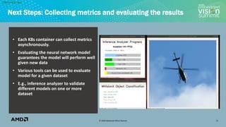 © 2020 Advanced Micro Devices
[AMD Public Use]
Next Steps: Collecting metrics and evaluating the results
• Each K8s container can collect metrics
asynchronously.
• Evaluating the neural network model
guarantees the model will perform well
given new data
• Various tools can be used to evaluate
model for a given dataset
• E.g., inference analyzer to validate
different models on one or more
dataset
18
 