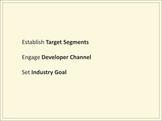 Establish Target SegmentsEngage Developer ChannelSet Industry Goal