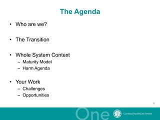 3
The Agenda
• Who are we?
• The Transition
• Whole System Context
– Maturity Model
– Harm Agenda
• Your Work
– Challenges
– Opportunities
 