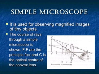 SIMPLE MICROSCOPESIMPLE MICROSCOPE
 It is used for observing magnified imagesIt is used for observing magnified images
of tiny objects.of tiny objects.
 The course of raysThe course of rays
through a simplethrough a simple
microscope ismicroscope is
shown. F,F are theshown. F,F are the
principle foci and C isprinciple foci and C is
the optical centre ofthe optical centre of
the convex lens.the convex lens.
 